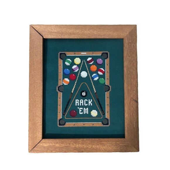 Vintage RACK 'EM BILLARD TABLE Crochet Embroidery Cros Stitch Finished Framed - Picture 1 of 5